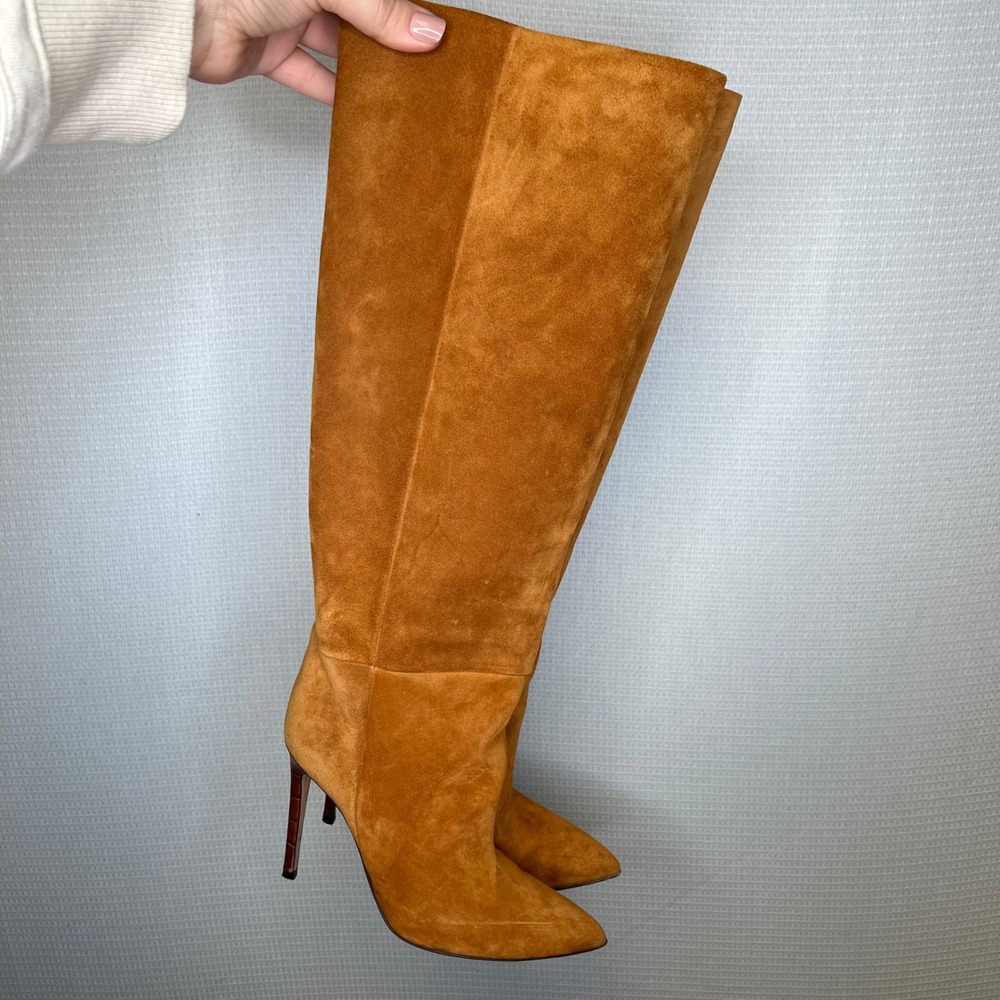 Paris Texas Cognac Suede Knee‎ High Boots Pointed Toe Croc Stiletto Heel Italian